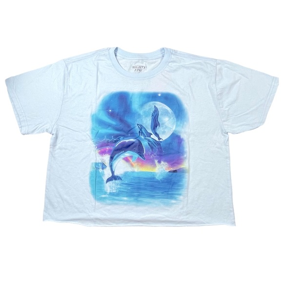 Mighty Fine size medium light blue dolphin in sunset crop top shirt NWT - Picture 6 of 7